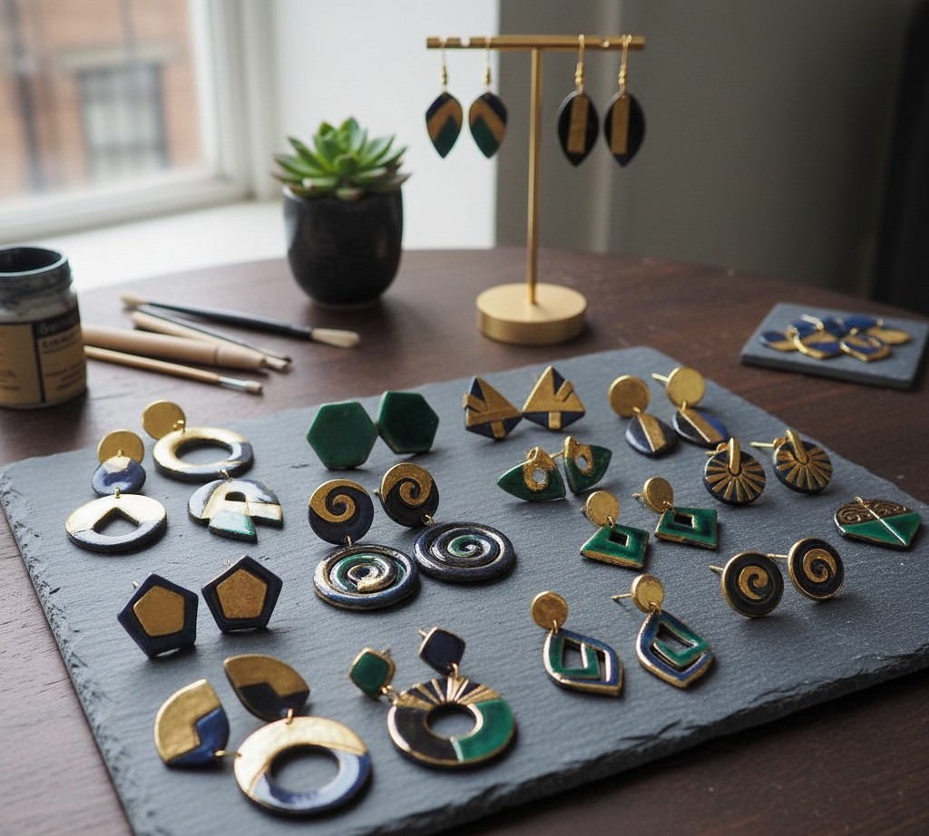 Sammlung von vielen Ohrringpaaren in unterschiedlichen Formen aus Porzellan und mit vielen Goldakzenten