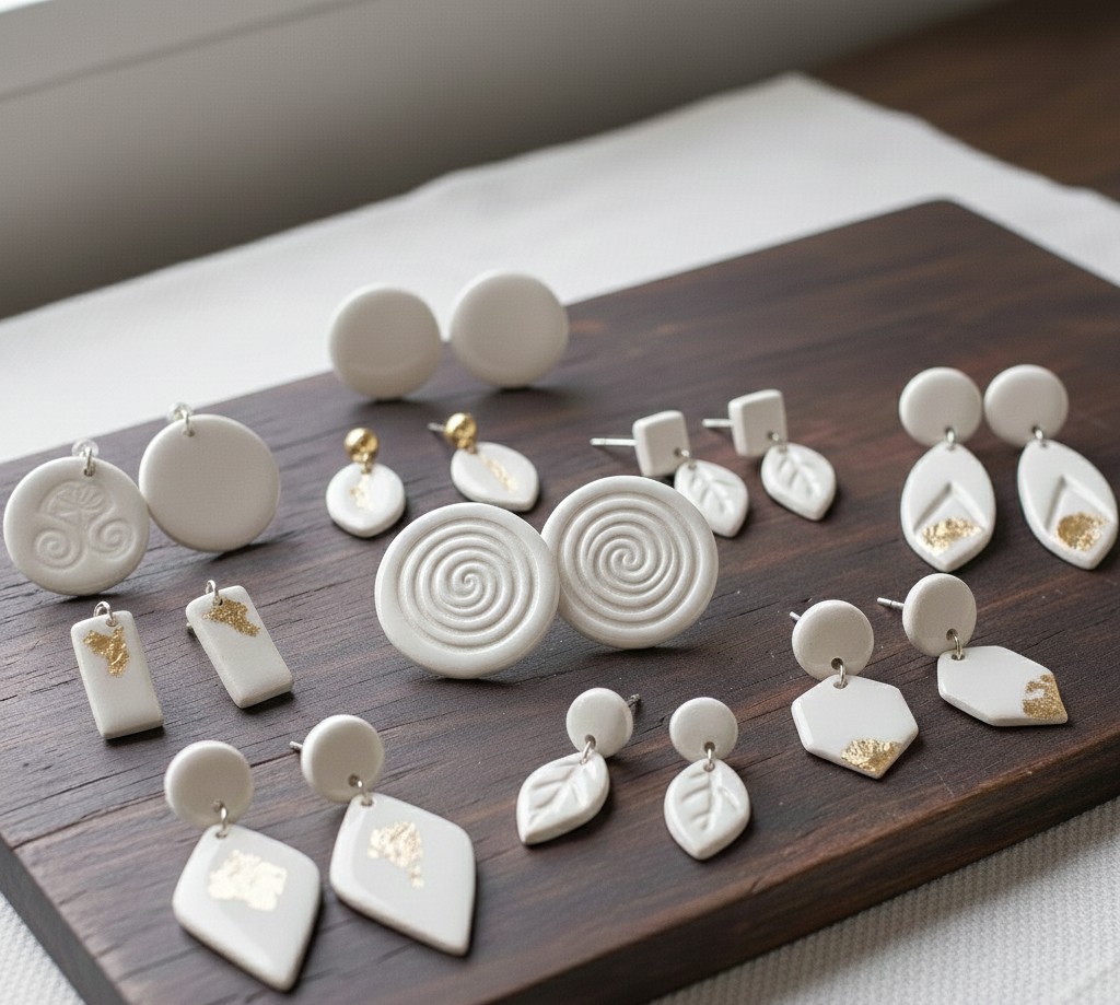 Sammlung von weißen Ohrringpaaren aus Porzellan. Unterschiedliche geometrische Formen mit einzelnen Goldelementen auf einem Holztisch präsentiert.